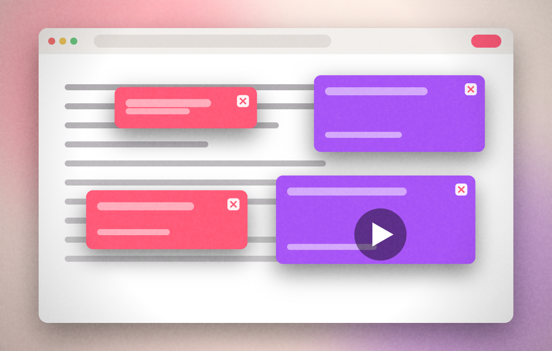 A recipe page hidden beneath promotional panels and an autoplaying video