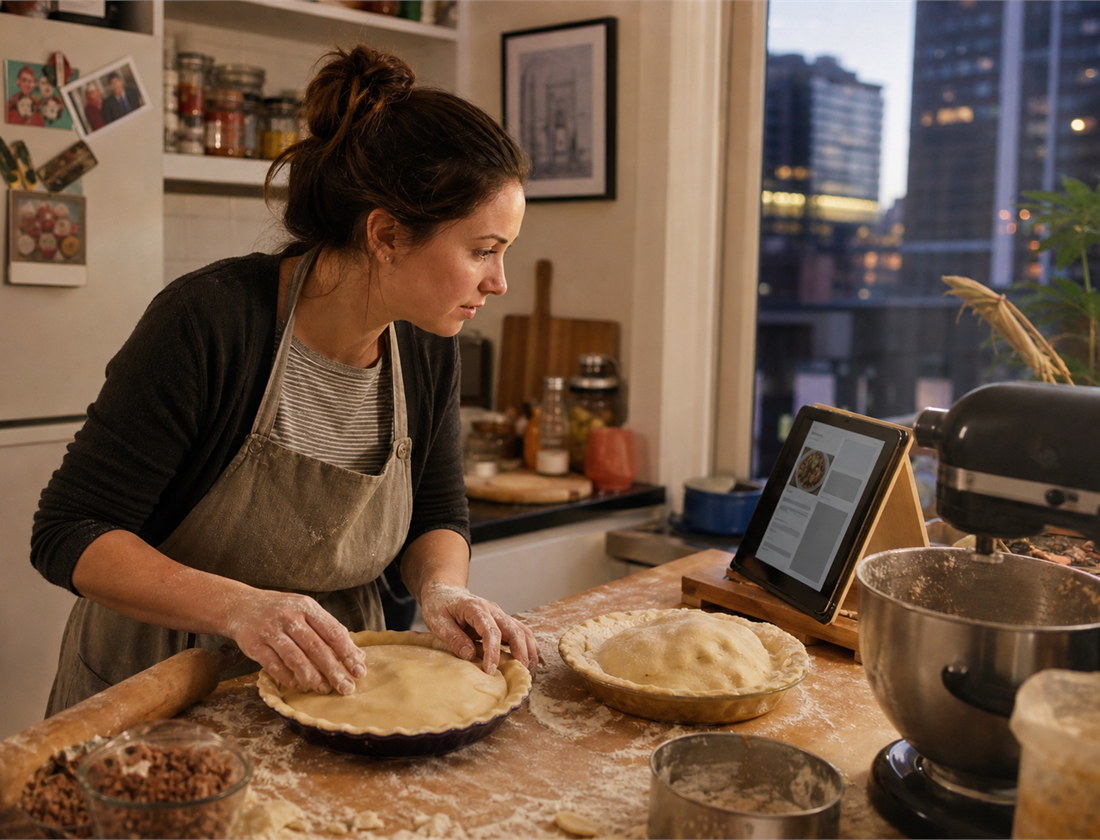 A woman making tourtière while reading a recipe from a kitchen tablet
